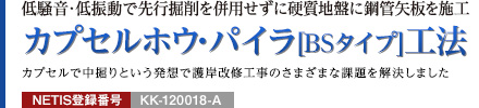 低騒音・低振動で先行掘削を併用せずに硬質地盤に鋼管矢板を施工 カプセルホウ・パイラ[BSタイプ]工法 カプセルで中掘りという発想で護岸改修工事のさまざまな課題を解決しました NETIS登録番号：KK-120018-A